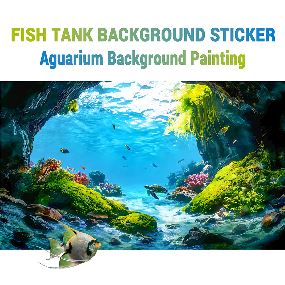 Aquarium Fish Paradise - タートルケーブパラダイス、水槽背景画、水槽絵画ステッカー、前面粘着式、風景装飾品