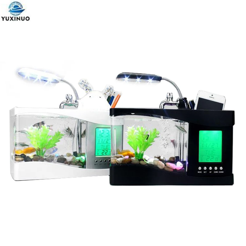 Aquarium Fish Electric - USBデスクトップミニ水槽 LEDライトランプ付き LCDディスプレイ画面 時計 日付表示 水槽