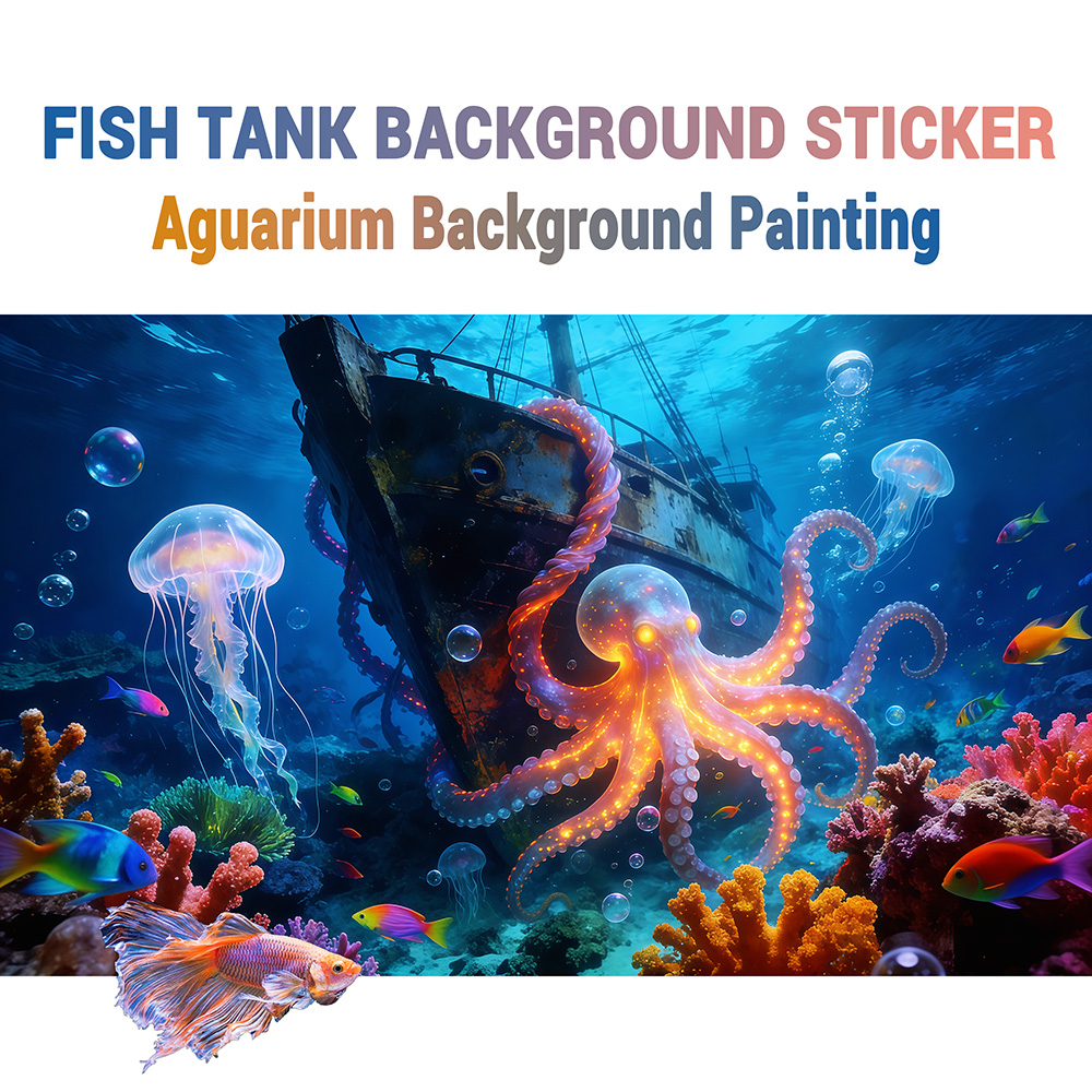 Aquarium Fish Paradise - 水槽背景ステッカー、タコの楽園、魚タンクと爬虫類テラリウム用の粘着式フラットステッカー